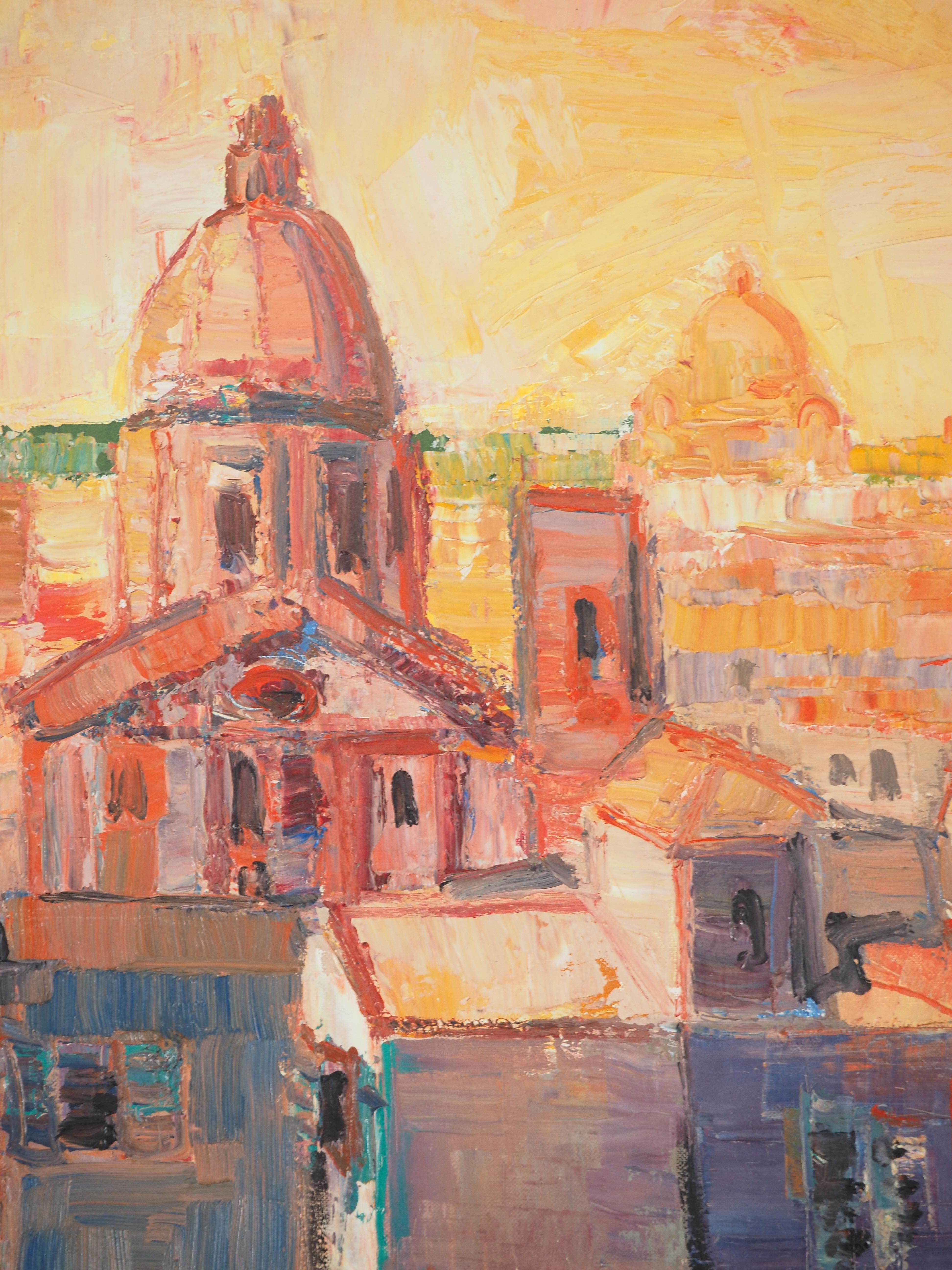 Italy : View on Rome at the Sunset - Original Oil on Canvas, Handsigned For Sale 2