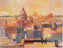 Italia : Vista sobre Roma al atardecer - Óleo original sobre lienzo, Firmado a mano