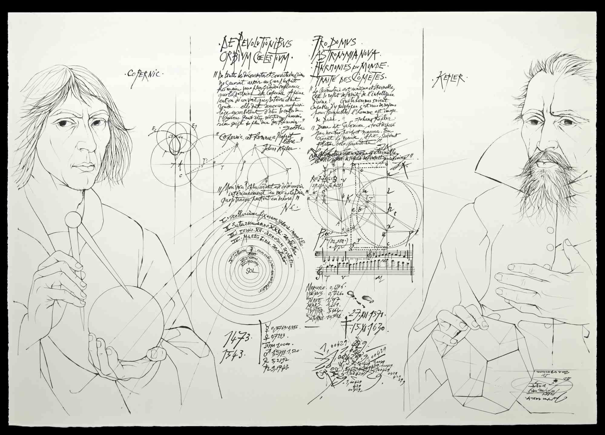 Pierre Yves Tremois Figurative Print - Copernic and Kepler - Etching by Pierre-Yves Trémois - 1955