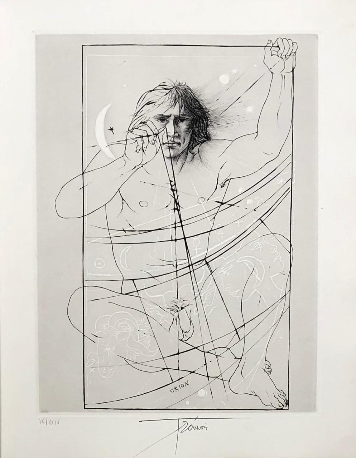 Pierre-Yves Trémois Figurative Print - A Scientist Studying Orion - Original etching handsigned and numbered