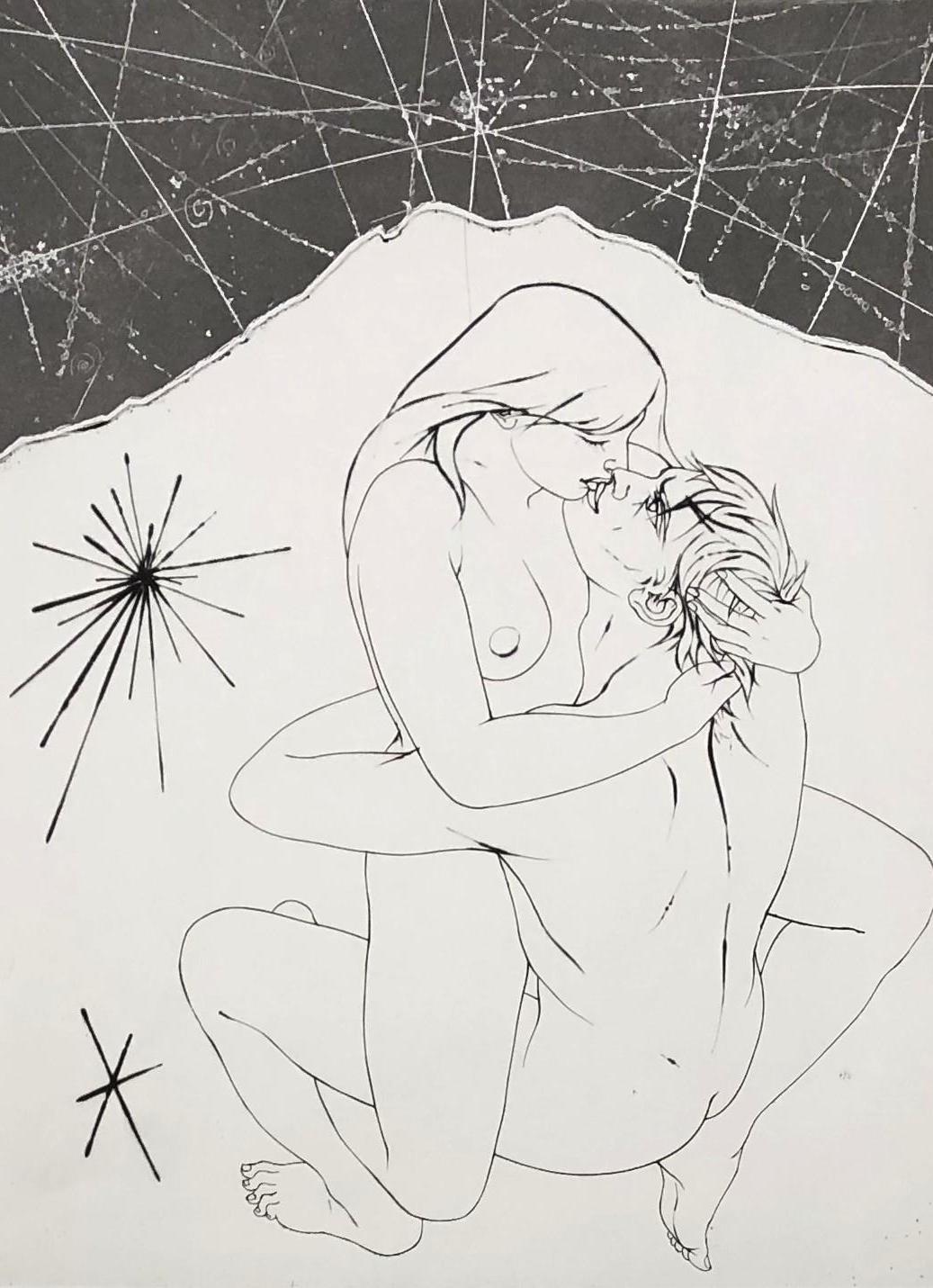 Beautiful Woman on a Man - Original etching handsigned and numbered - Print by Pierre-Yves Trémois