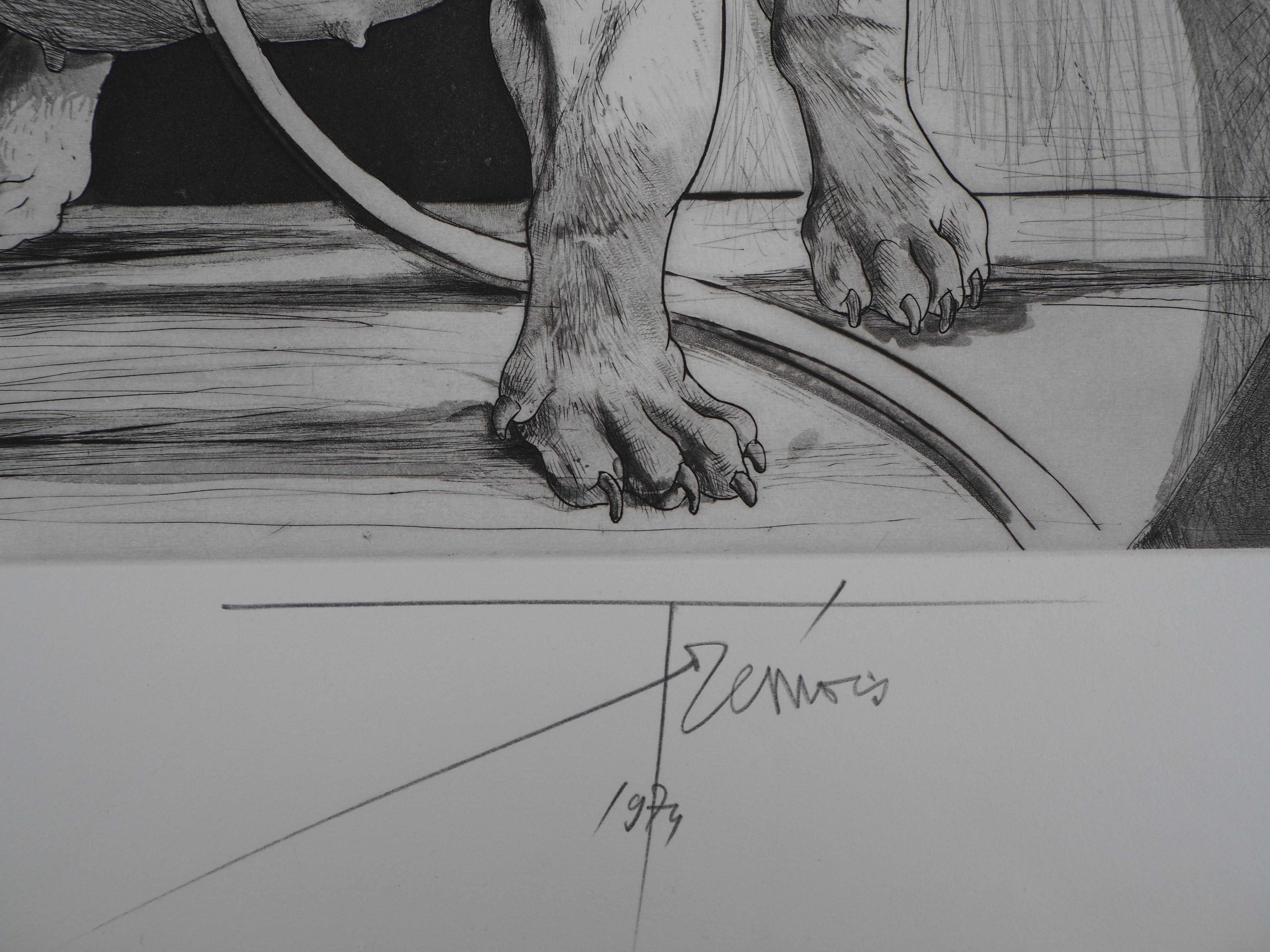 Bulldogge und Frau – Original  Handsignierte Radierung – Print von Pierre-Yves Trémois