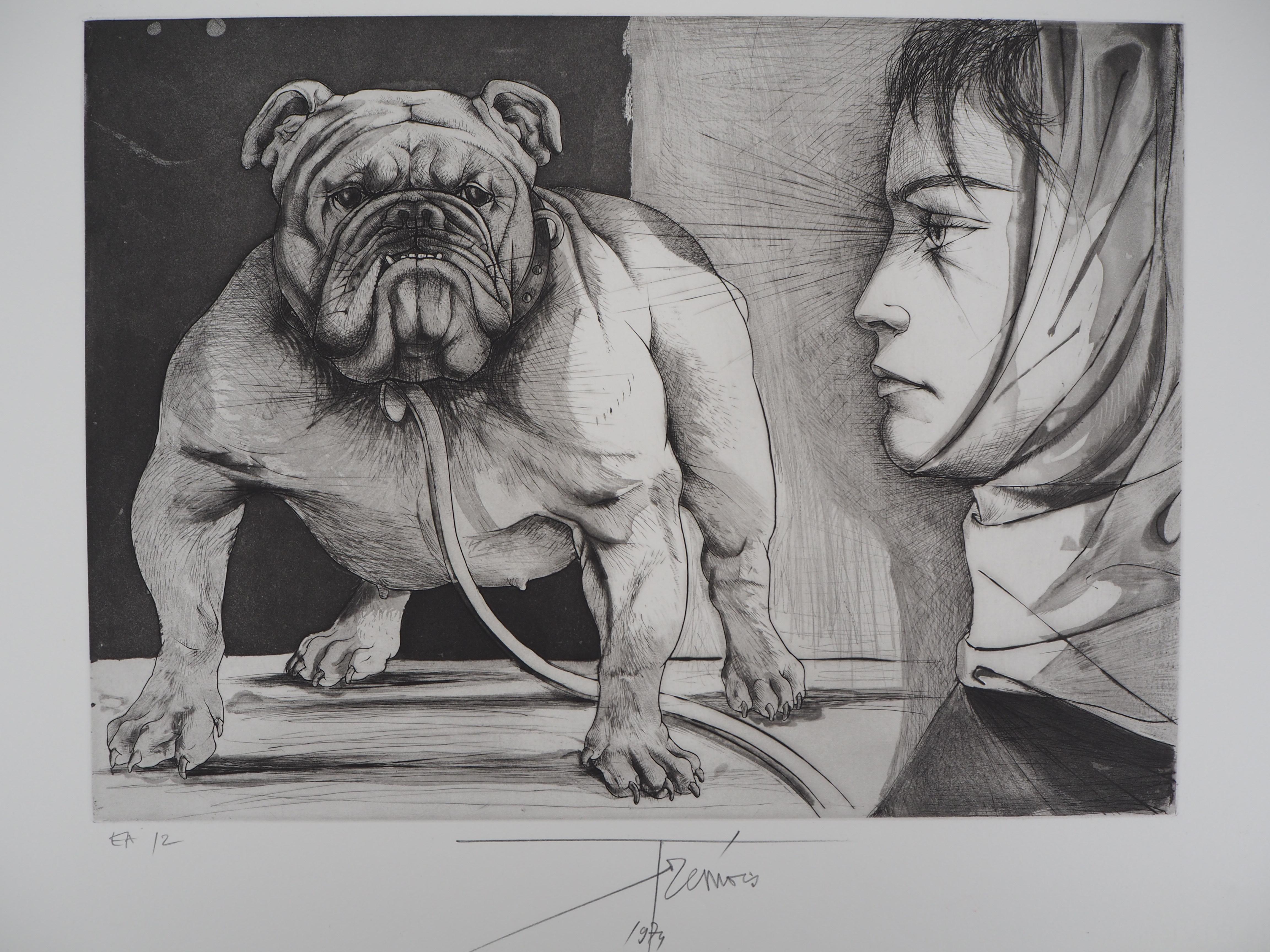 Bulldog and Woman - Original  Handsigned Etching - Modern Print by Pierre-Yves Trémois