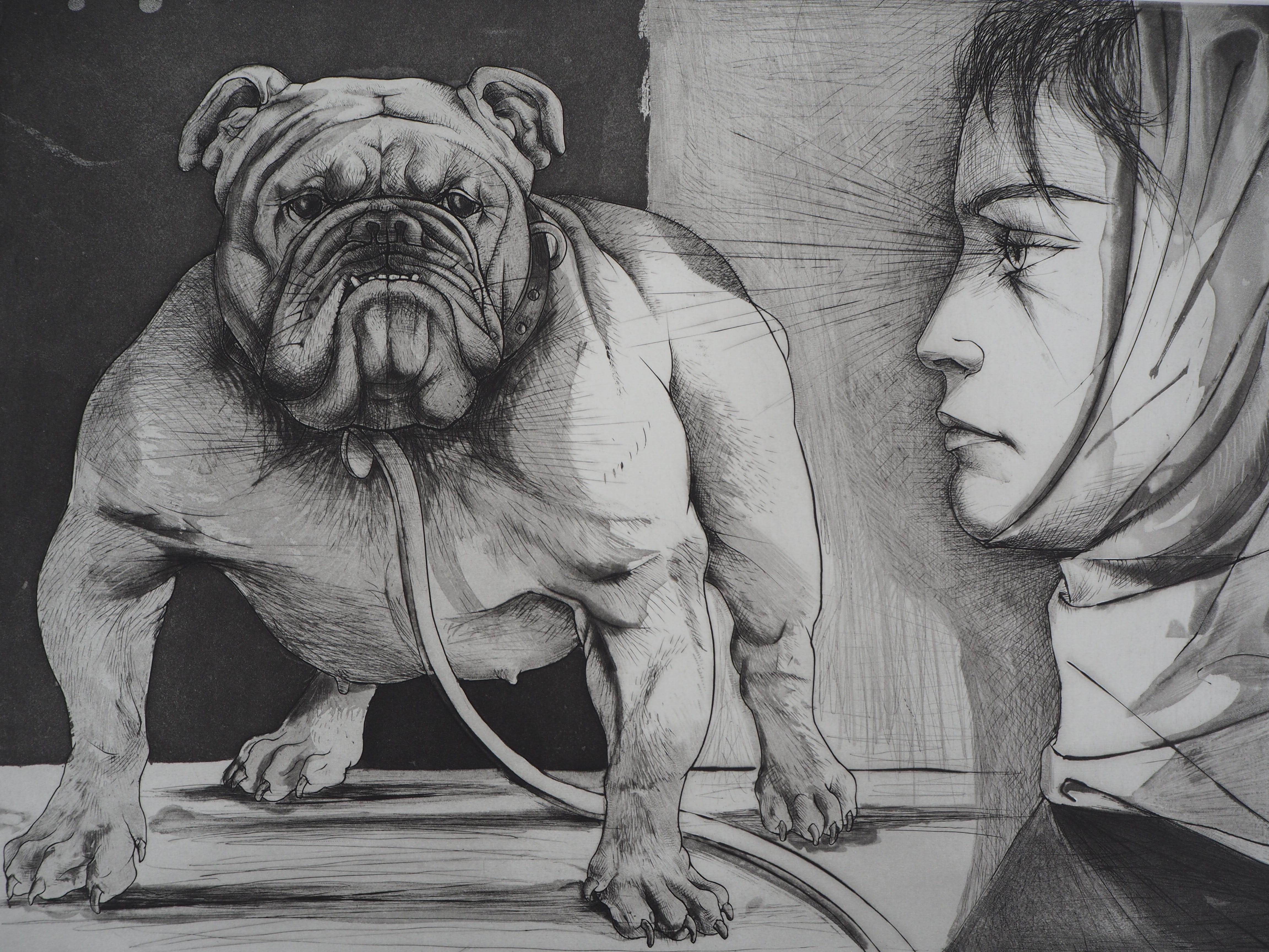 Bulldog and Woman - Original  Handsigned Etching - Modern Print by Pierre-Yves Trémois