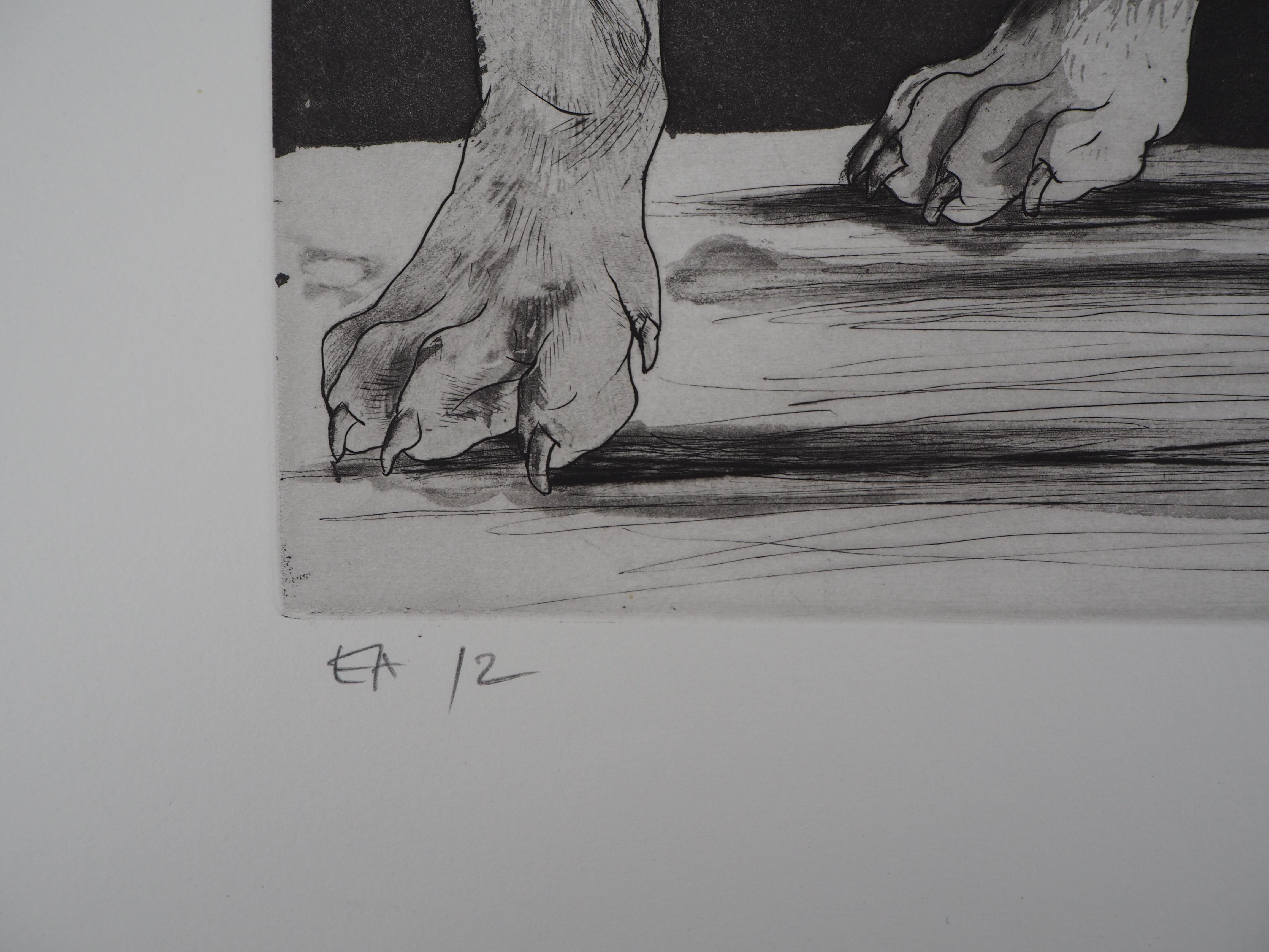 Bulldog and Woman - Original  Handsigned Etching For Sale 3