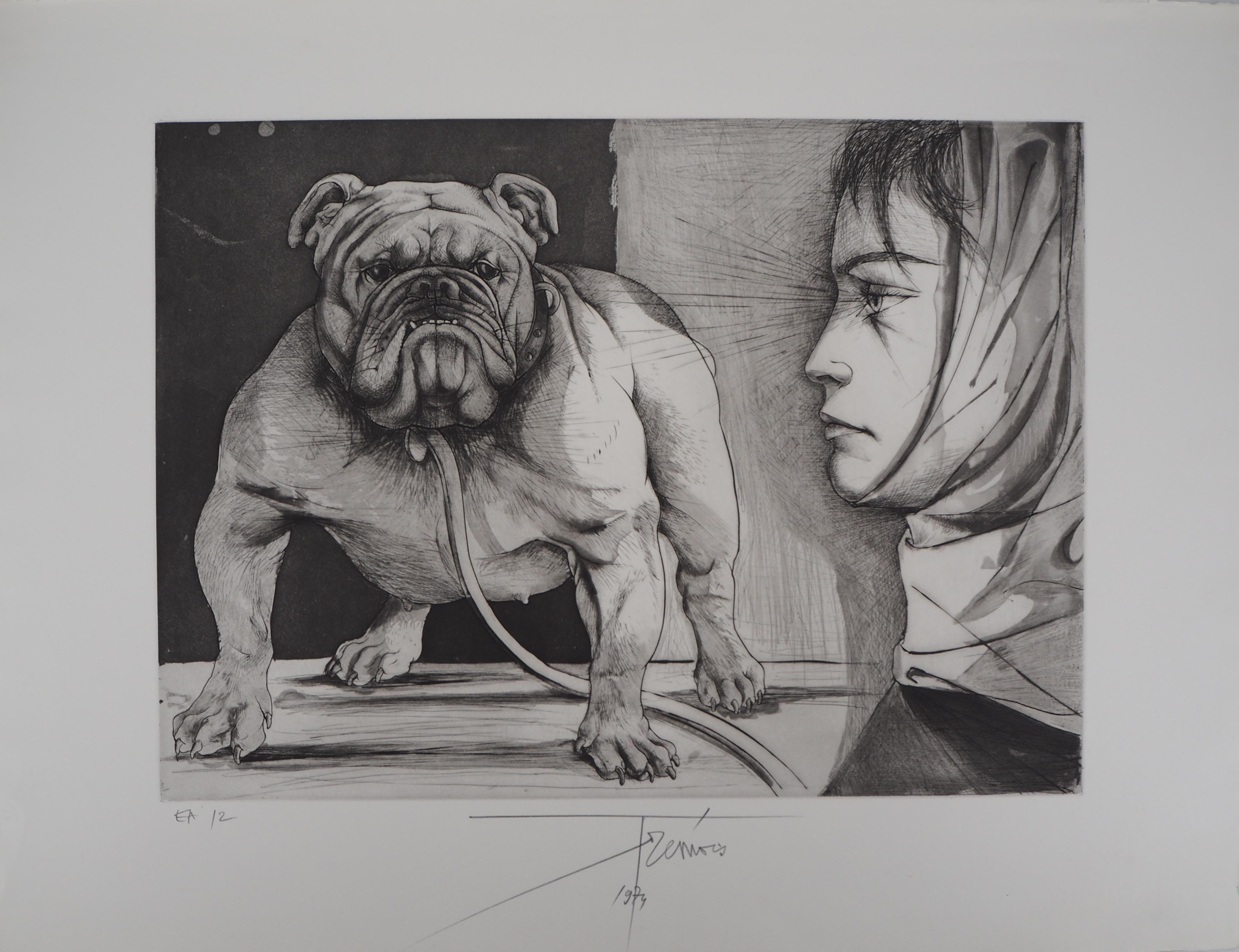 Pierre-Yves Trémois Animal Print – Bulldogge und Frau – Original  Handsignierte Radierung