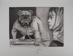 Vintage Bulldog and Woman - Original  Handsigned Etching