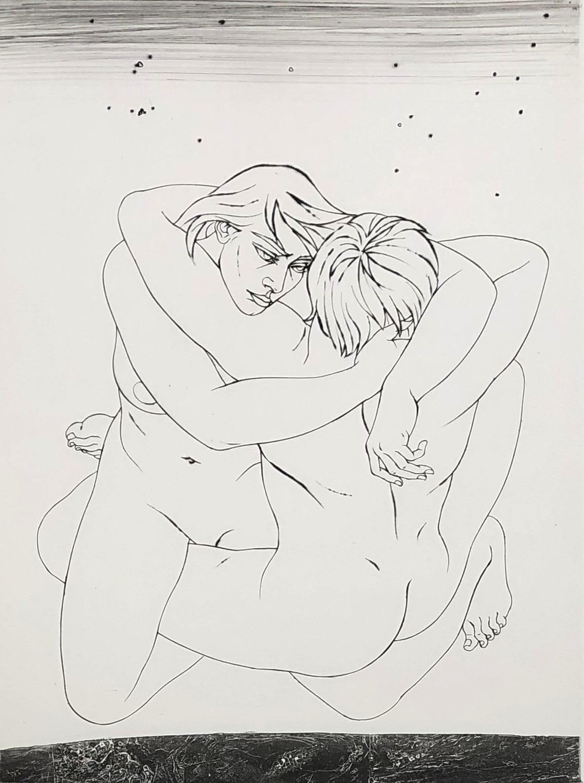 Couple Embraced - Eau-forte originale signée et numérotée à la main - Print de Pierre-Yves Trémois