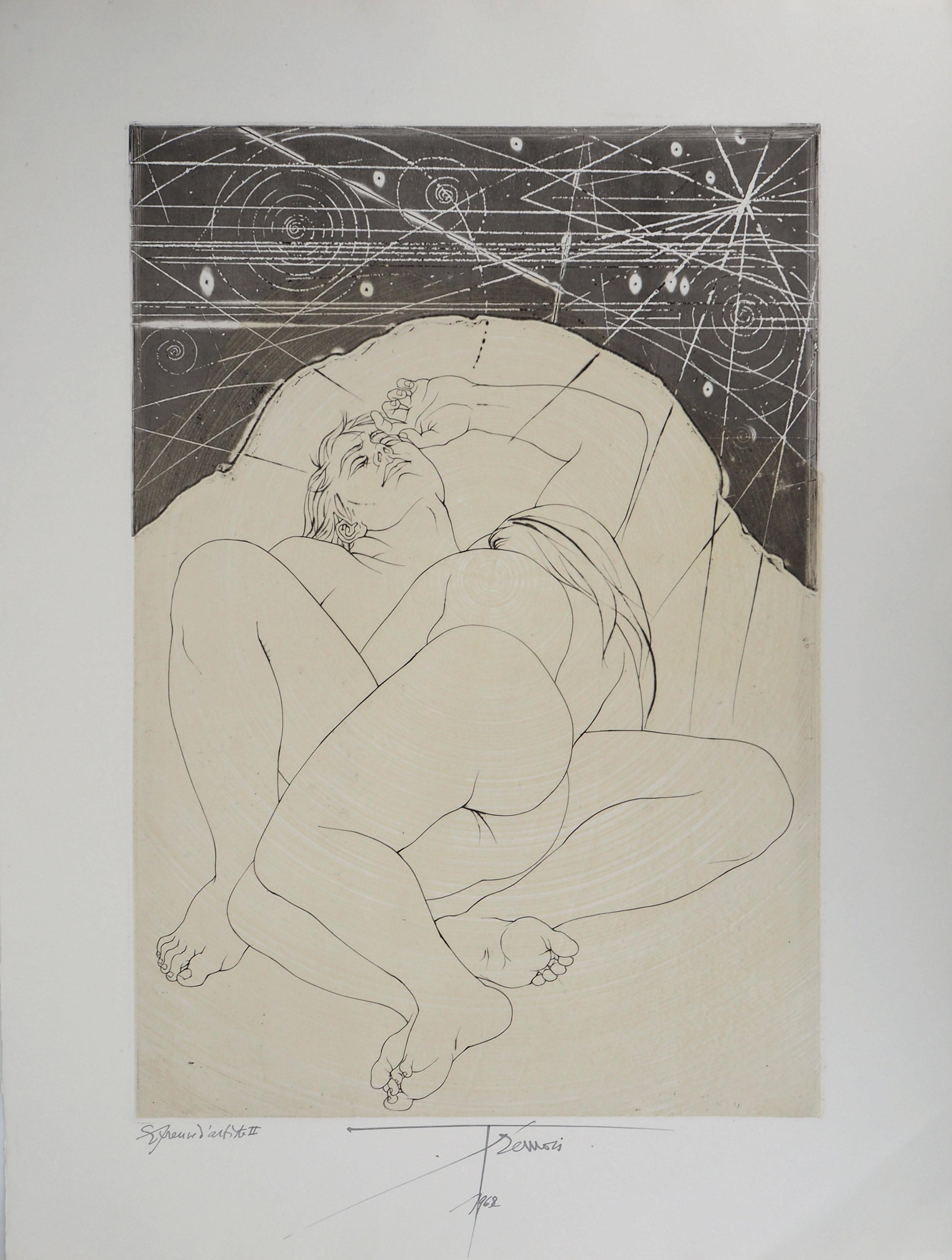 Pierre-Yves Trémois Nude Print - Couple Under the Stars - Original Signed Etching, 1968