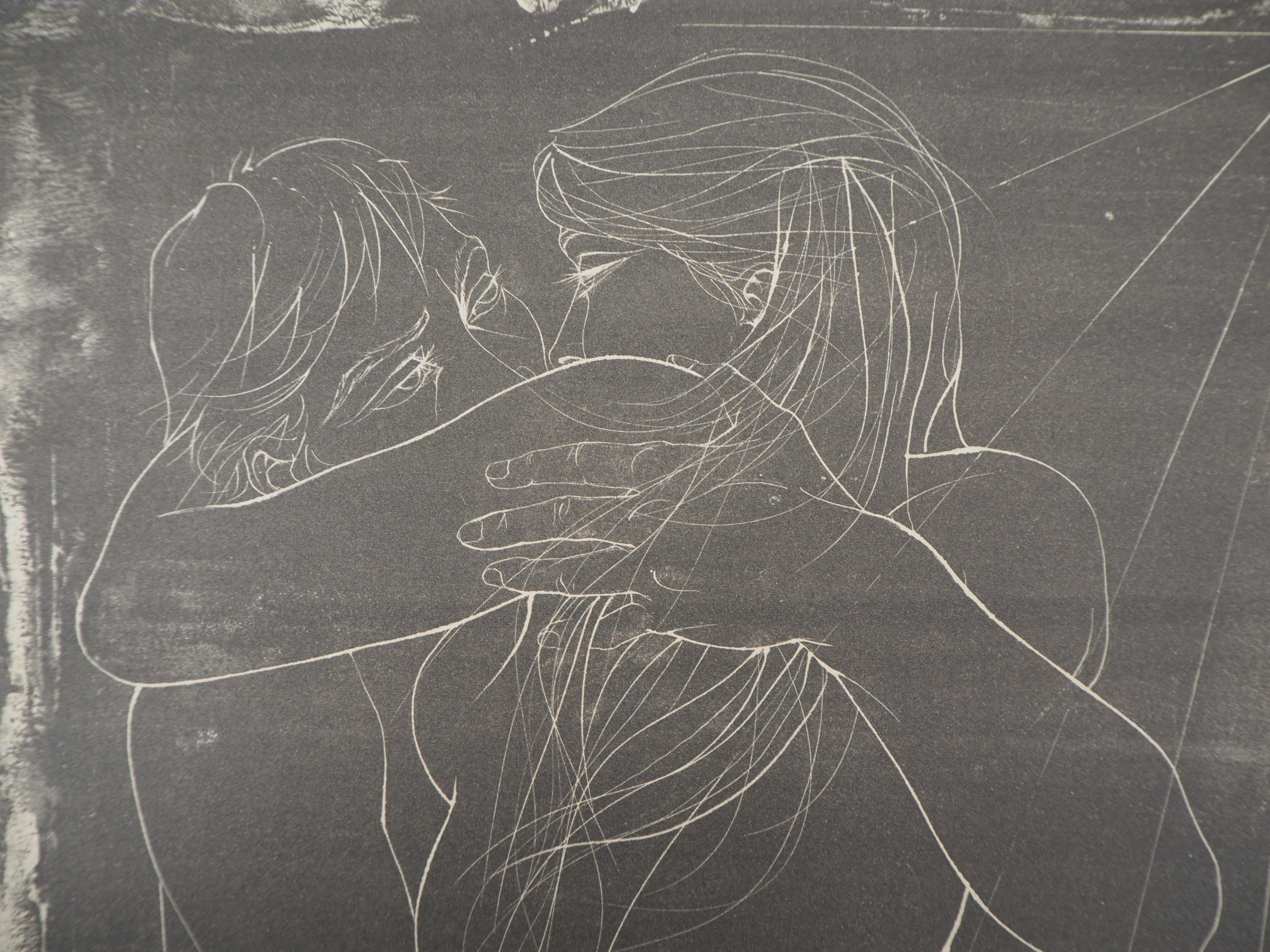 Amoureux : Couple qui s'embrasse - Lithographie originale signée 1