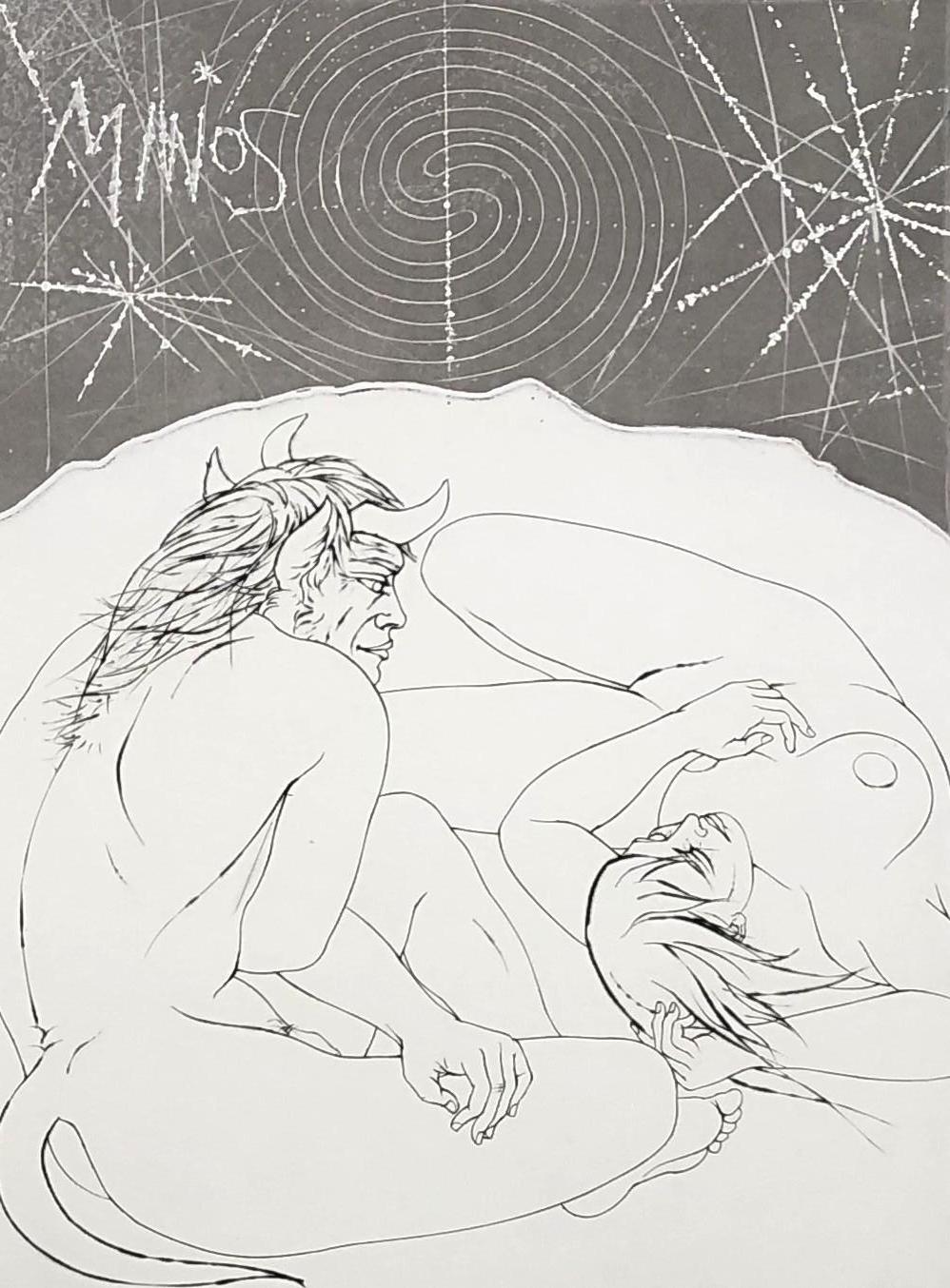 Minos et une femme nue - eau-forte originale signée et numérotée à la main - Print de Pierre-Yves Trémois