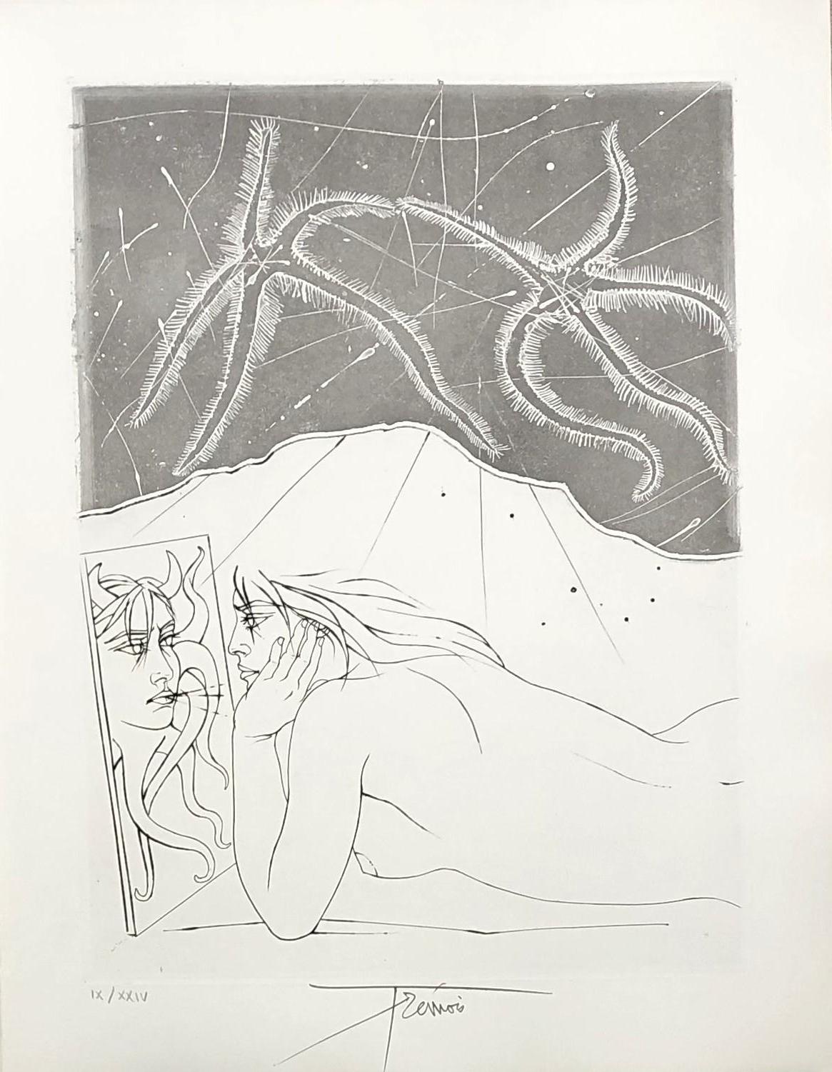 Figurative Print Pierre-Yves Trémois - Femme regardant dans le miroir - eau-forte originale signée et numérotée à la main