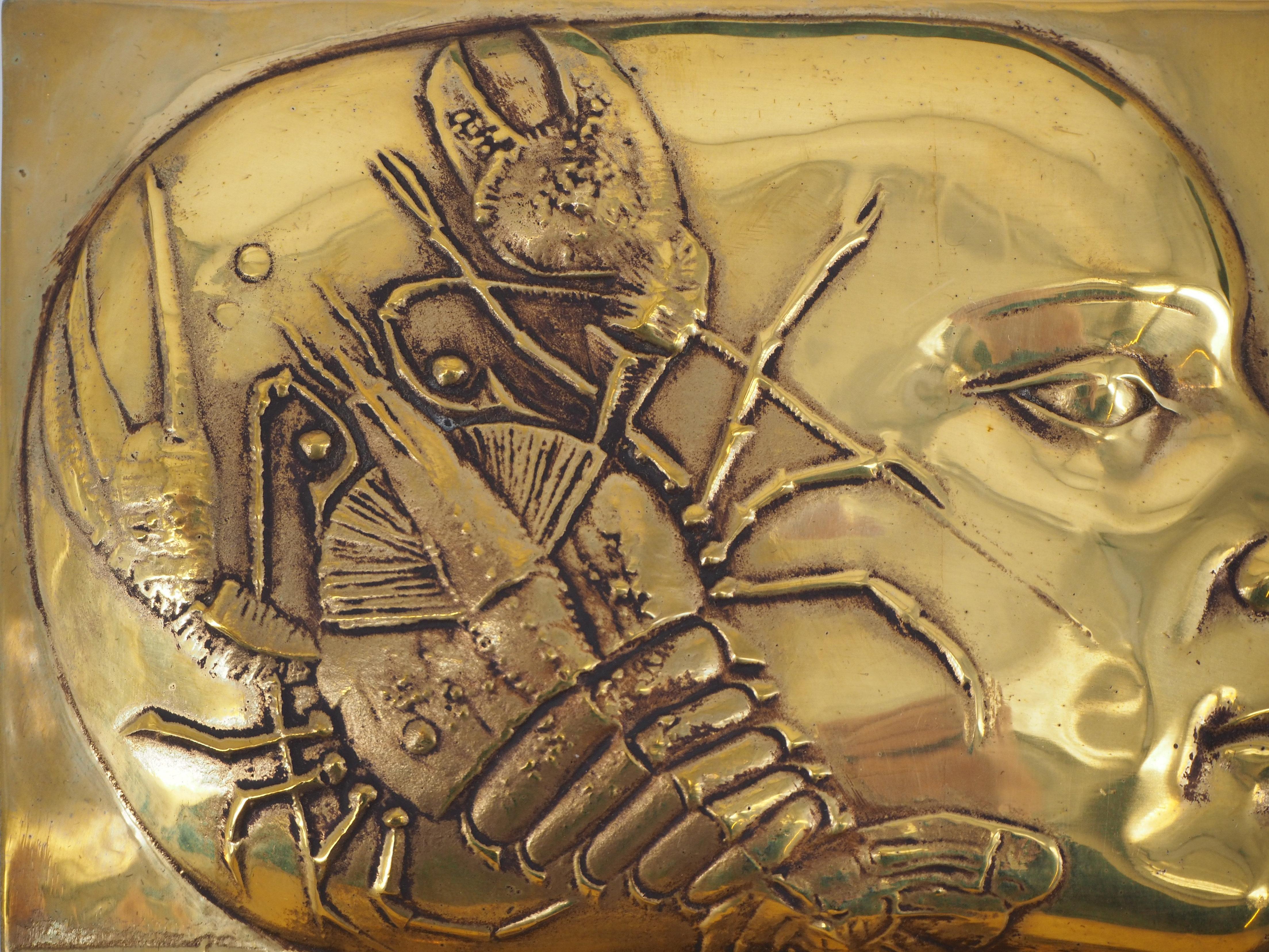 Woman with Lobster - Original signed golden bronze sculpture, 1988 - Gold Figurative Sculpture by Pierre-Yves Trémois