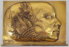 Woman with Lobster - Original signed golden bronze sculpture, 1988
