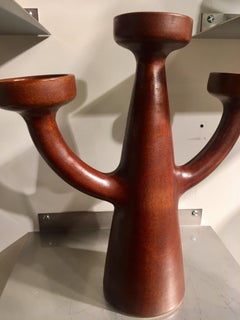 Pierrefonds France, Brown Ceramic Candleholder Candelabra 3 Branches, circa 1950