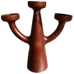 Pierrefonds France, Brown Ceramic Candleholder Candelabra 3 Branches, circa 1950