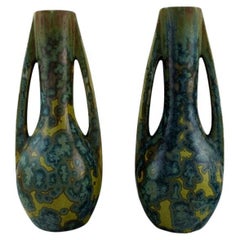Pierrefonds, France, Two Large Vases with Handles in Glazed Stoneware