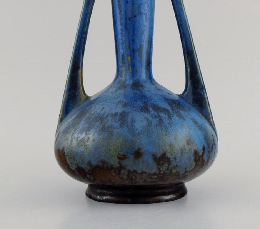Art Deco Pierrefonds, France, Vase with Handles in Glazed Stoneware, 1930s For Sale