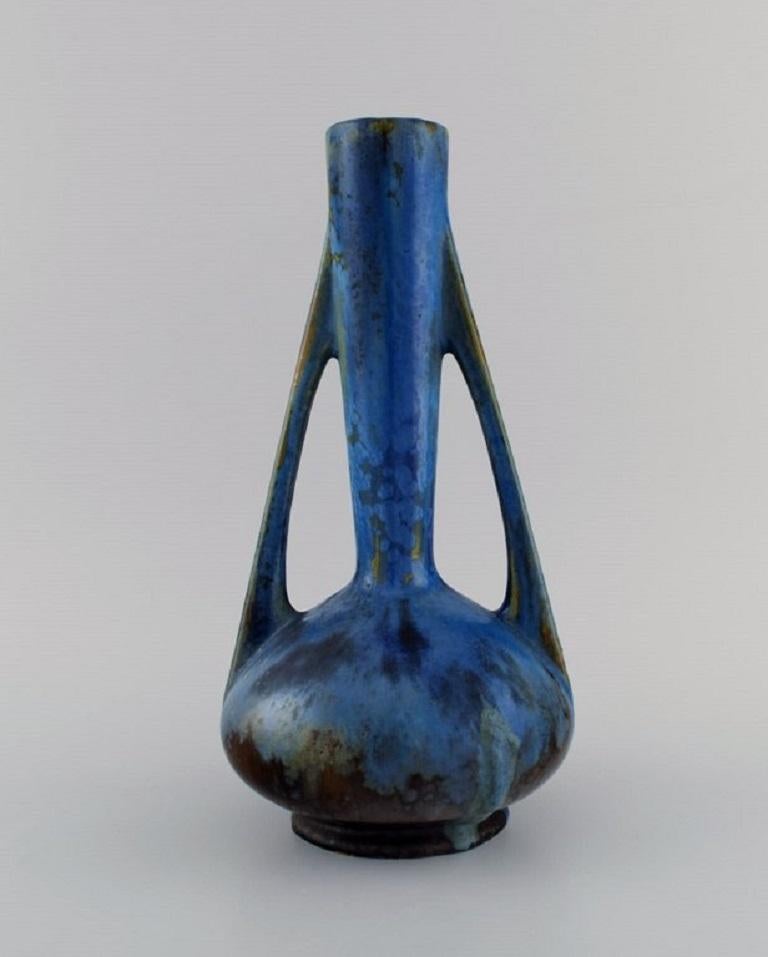 French Pierrefonds, France, Vase with Handles in Glazed Stoneware, 1930s For Sale