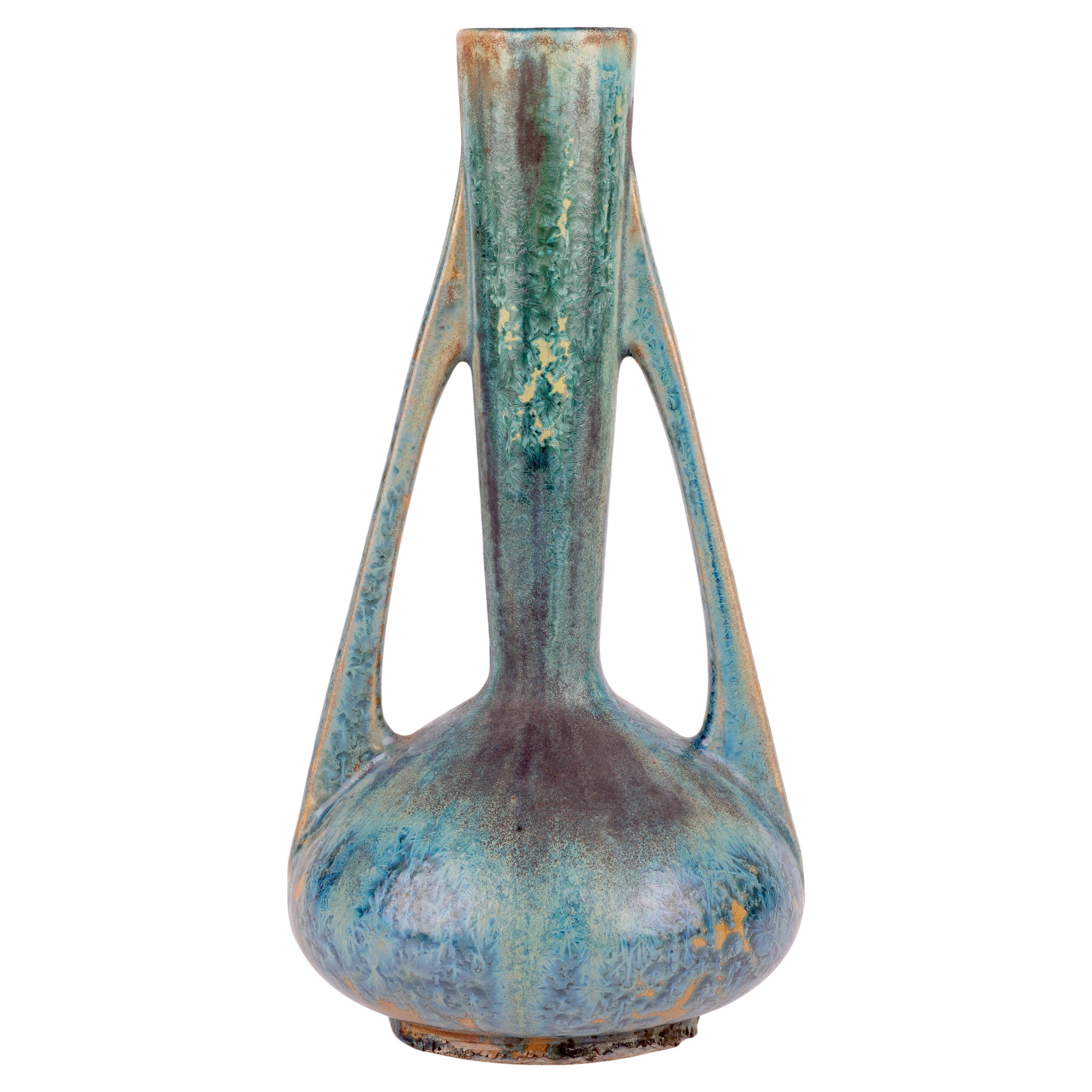 Pierrefonds Jarrón Francés Art Decó Azul Cristalino Esmaltado Art Pottery