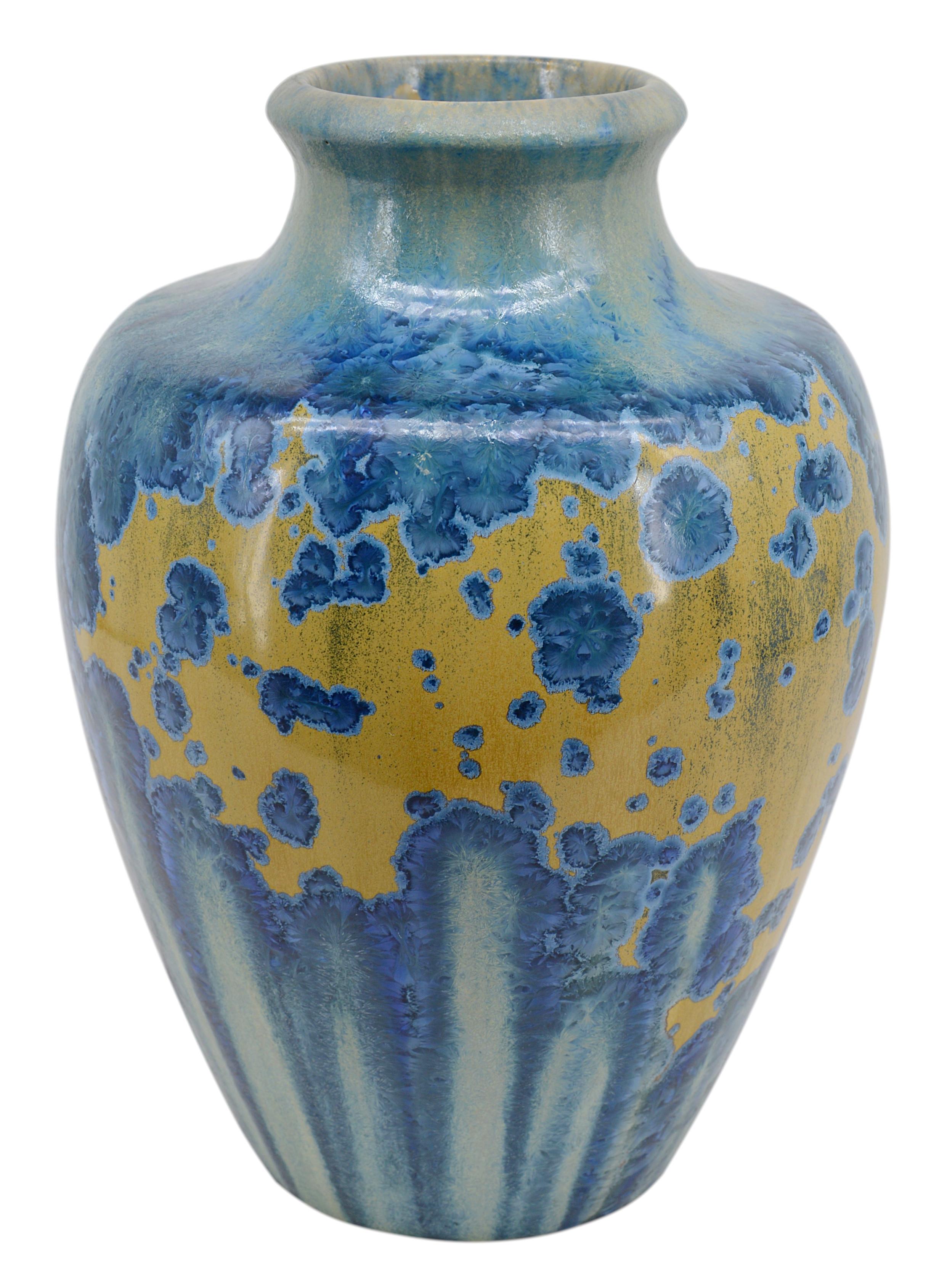 Exceptional French Art Deco stoneware vase by Pierrefonds, France, 1920s. 1st choice crystallized stoneware. The crystallization technique was very difficult to achieve. The failures were numerous. Some pieces were reclassified as semi-crystallized