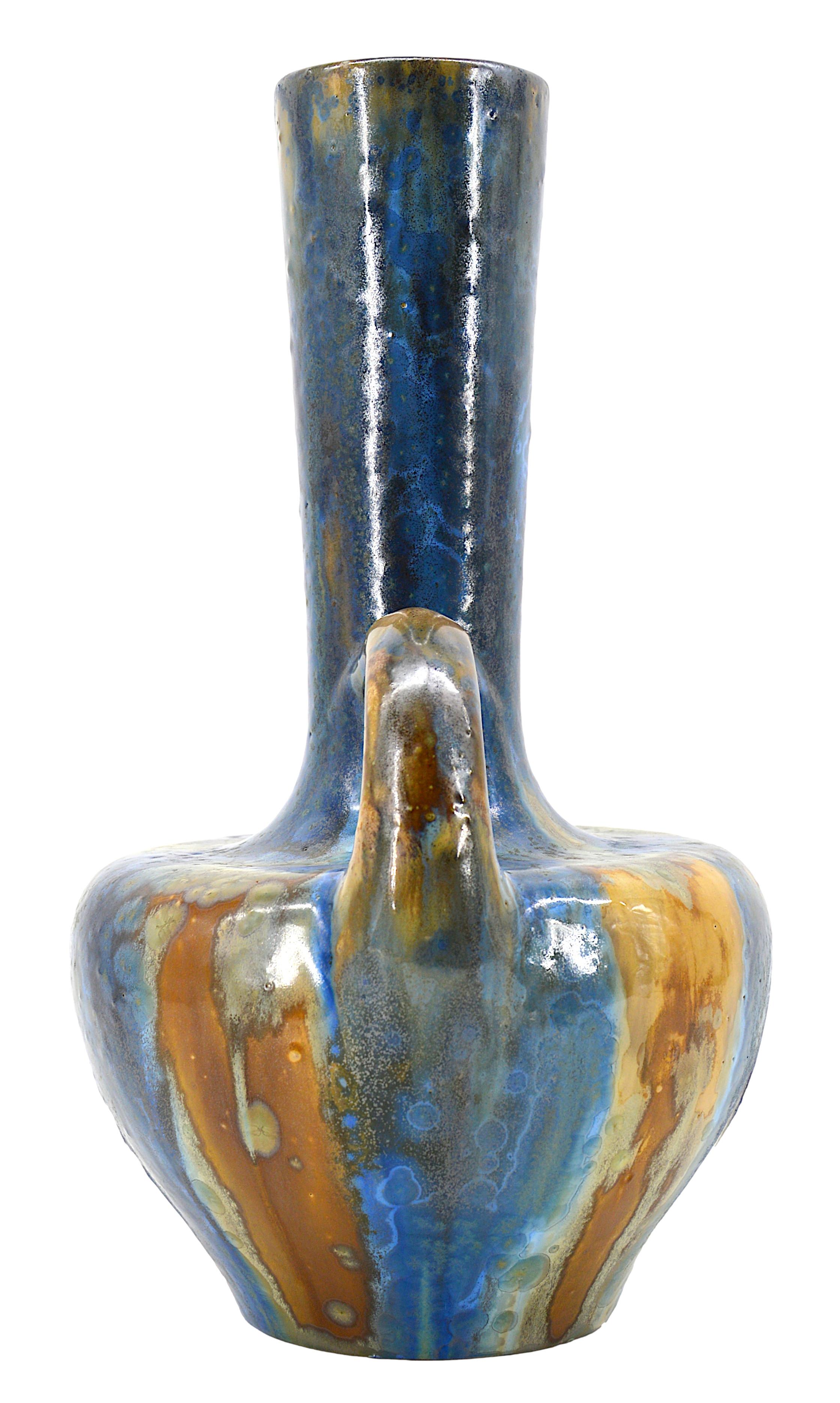 Early 20th Century PIERREFONDS French Art Deco Stoneware Vase, 1920s For Sale
