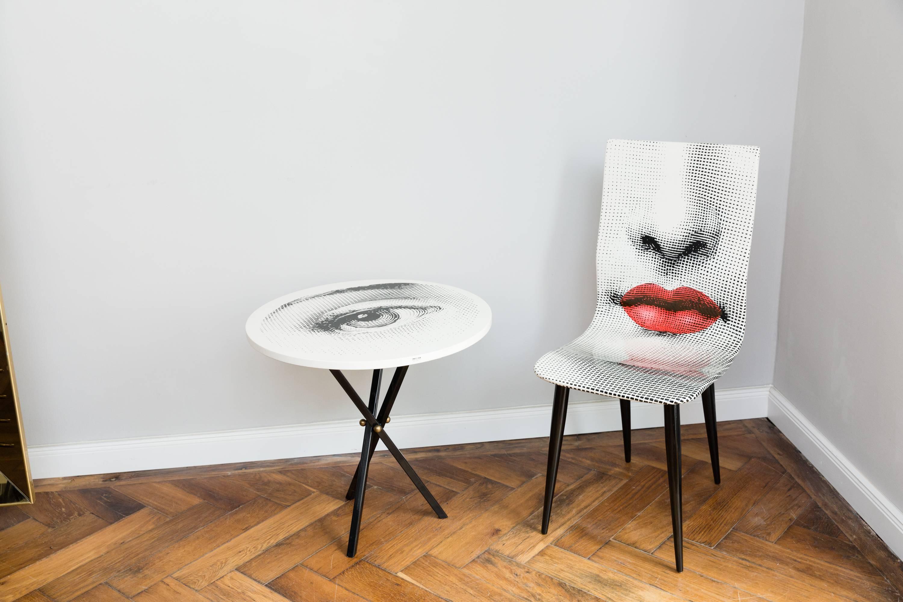 Pierro Fornasetti Bocca chair, hand-painted, two faces (nose and red mouth) front and backside, signed with the label on the bottom of the chair and on the backside, N.1/2006, Fornasetti, Milano, Made in Italy. Very good condition, no scratches of
