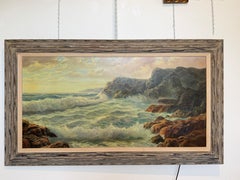 Large Vintage Coastal Seascape Oil Painting Signed Pierro Ocean Waves Framed