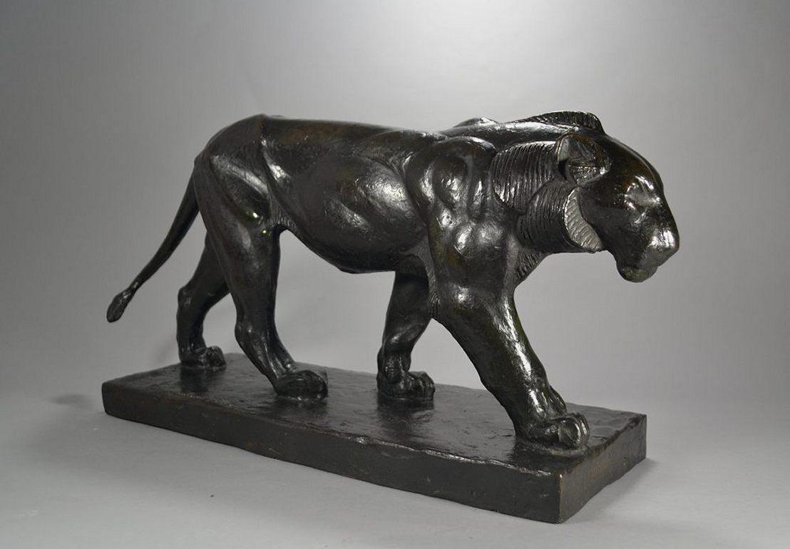 Piero Palazzolo (Active early XXth c.)

Walking panther.
Dark green and brown patinated bronze panther.
Signed in the bronze.
Meroni & Radice lost was foundry stamp (closed in 1926).
Cast between 1920 and 1926.
Stunning condition and