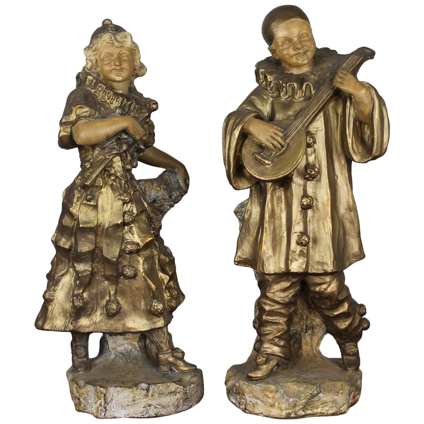 Pierrot - Colombine Patinated Plaster Vases, Sculptures Early 20th Century