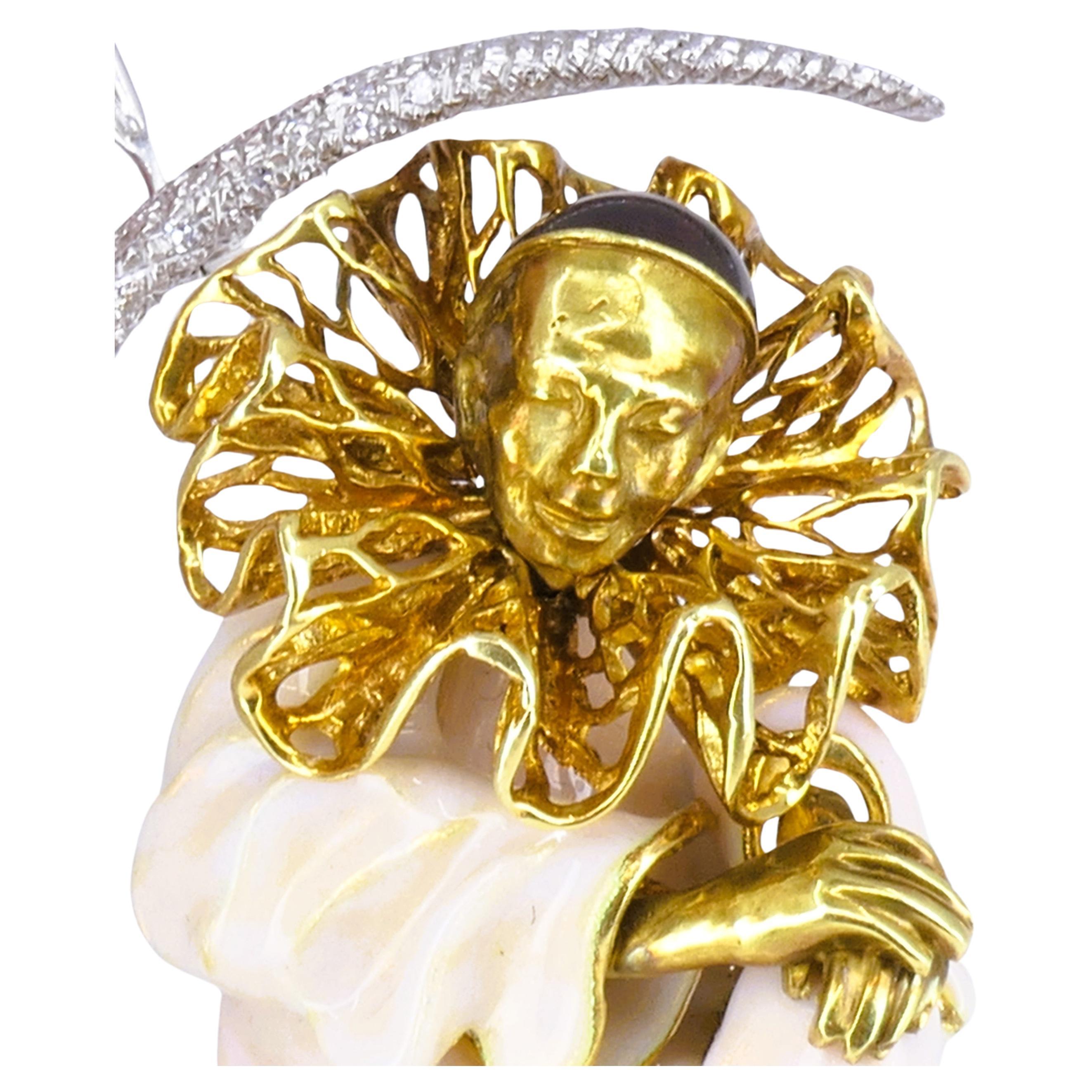 Taille ronde Pierrot Lunaire Vintage Broche 18k or émail diamant Estate Jewelry