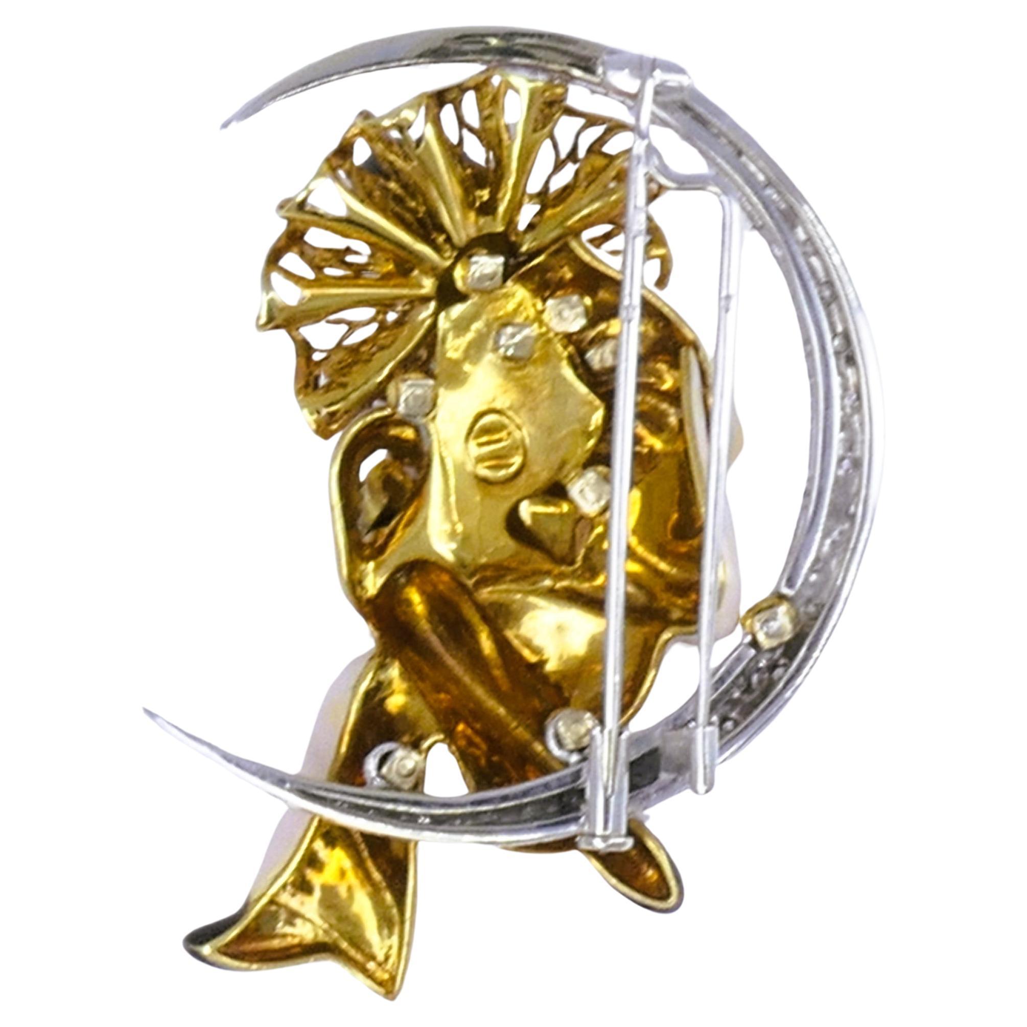 Pierrot Lunaire Vintage Broche 18k or émail diamant Estate Jewelry 4