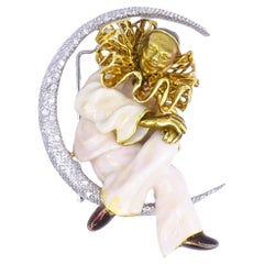 Pierrot Lunaire Vintage Brooch 18k Gold Enamel Diamond Estate Jewelry