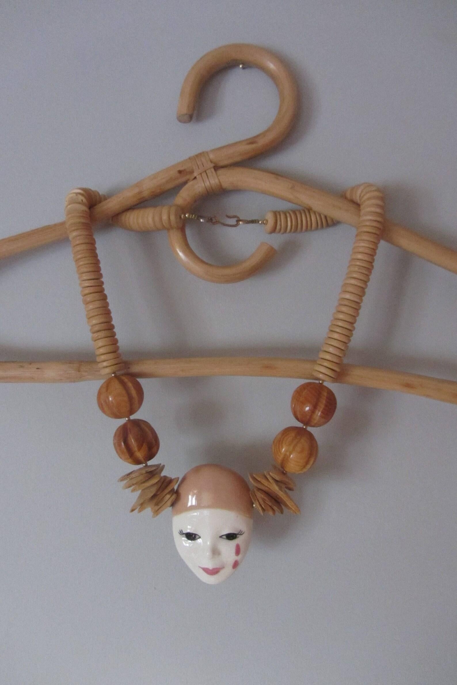 Pierrot Porcelain and Wood Bead Necklace In Excellent Condition For Sale In Brooklyn, NY
