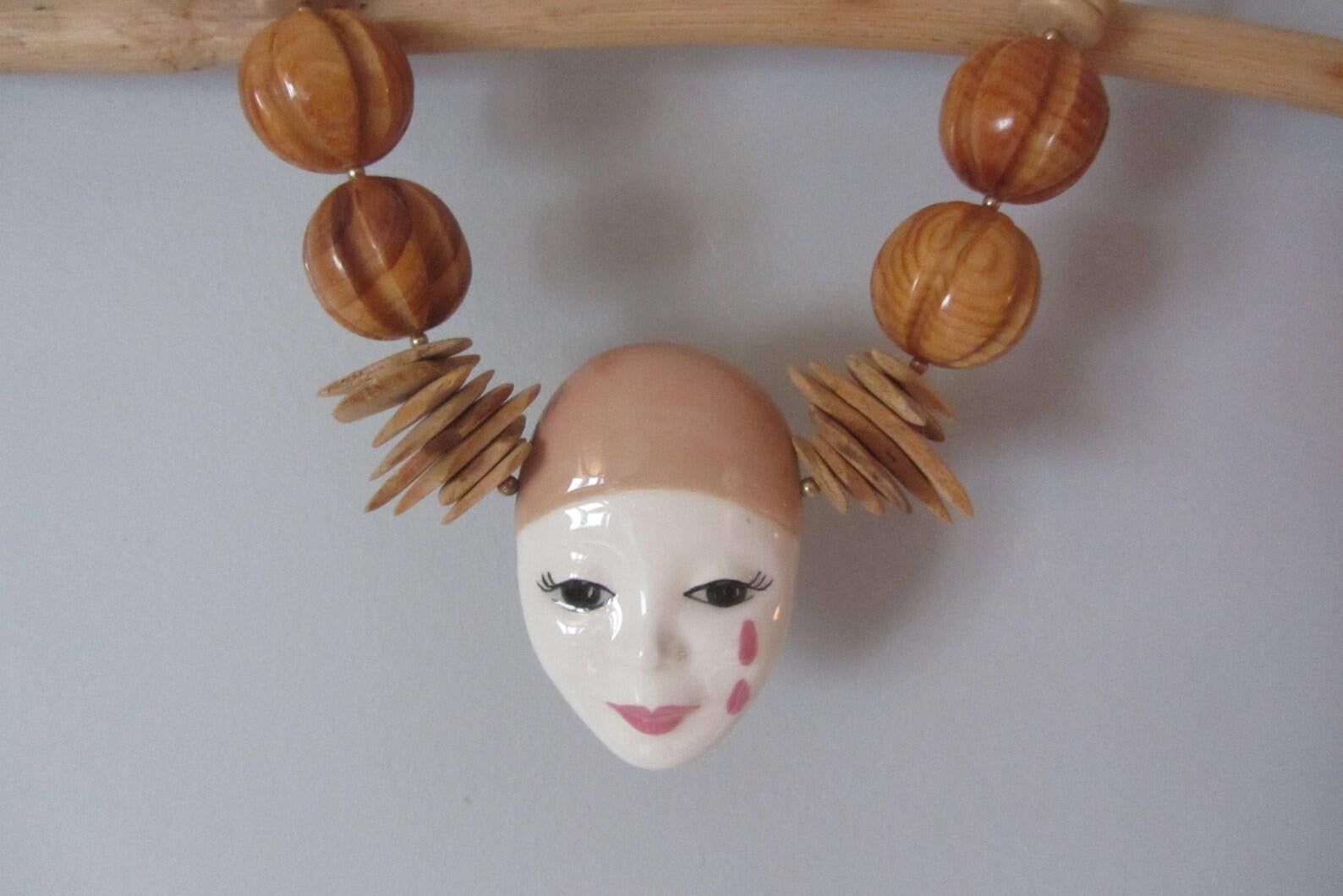 Women's Pierrot Porcelain and Wood Bead Necklace For Sale