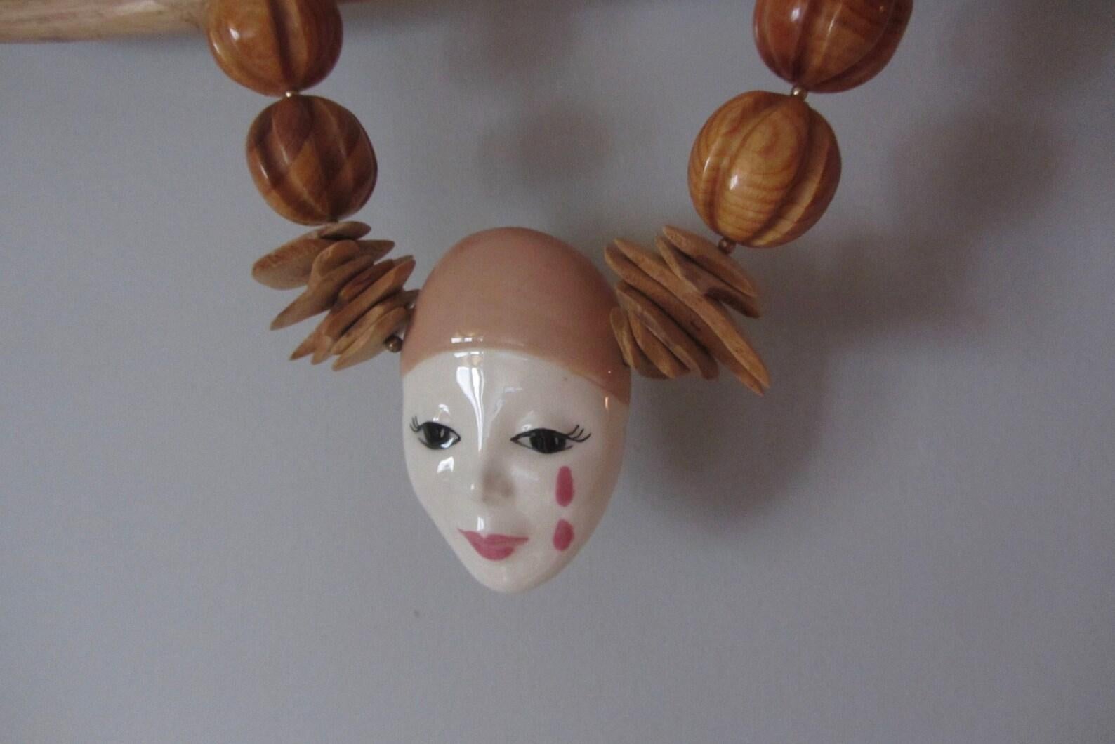 Pierrot Porcelain and Wood Bead Necklace For Sale 1