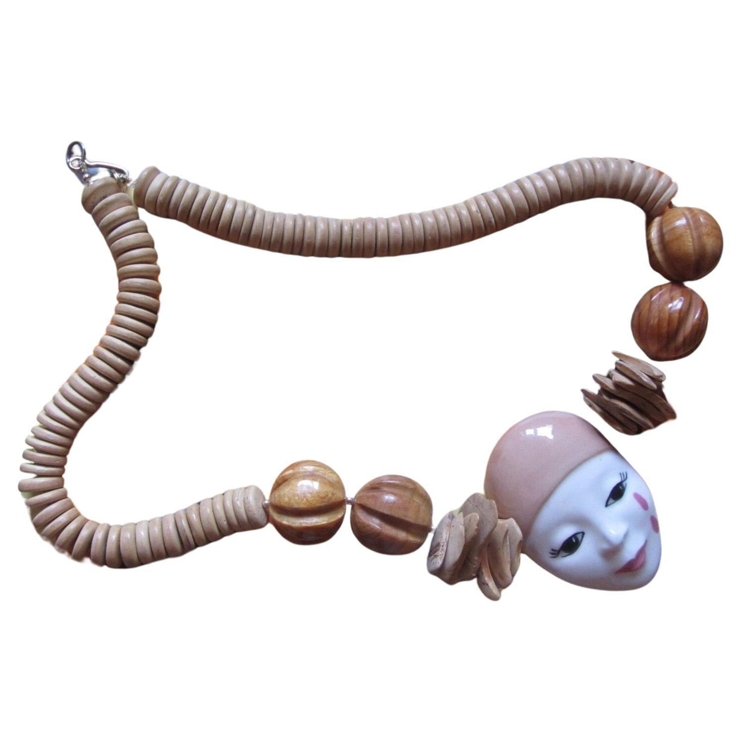 Pierrot Porcelain and Wood Bead Necklace For Sale