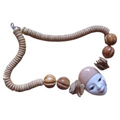 Vintage Pierrot Porcelain and Wood Bead Necklace