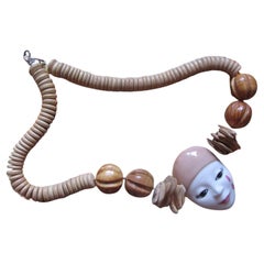 Vintage Pierrot porcelain and wood bead necklace