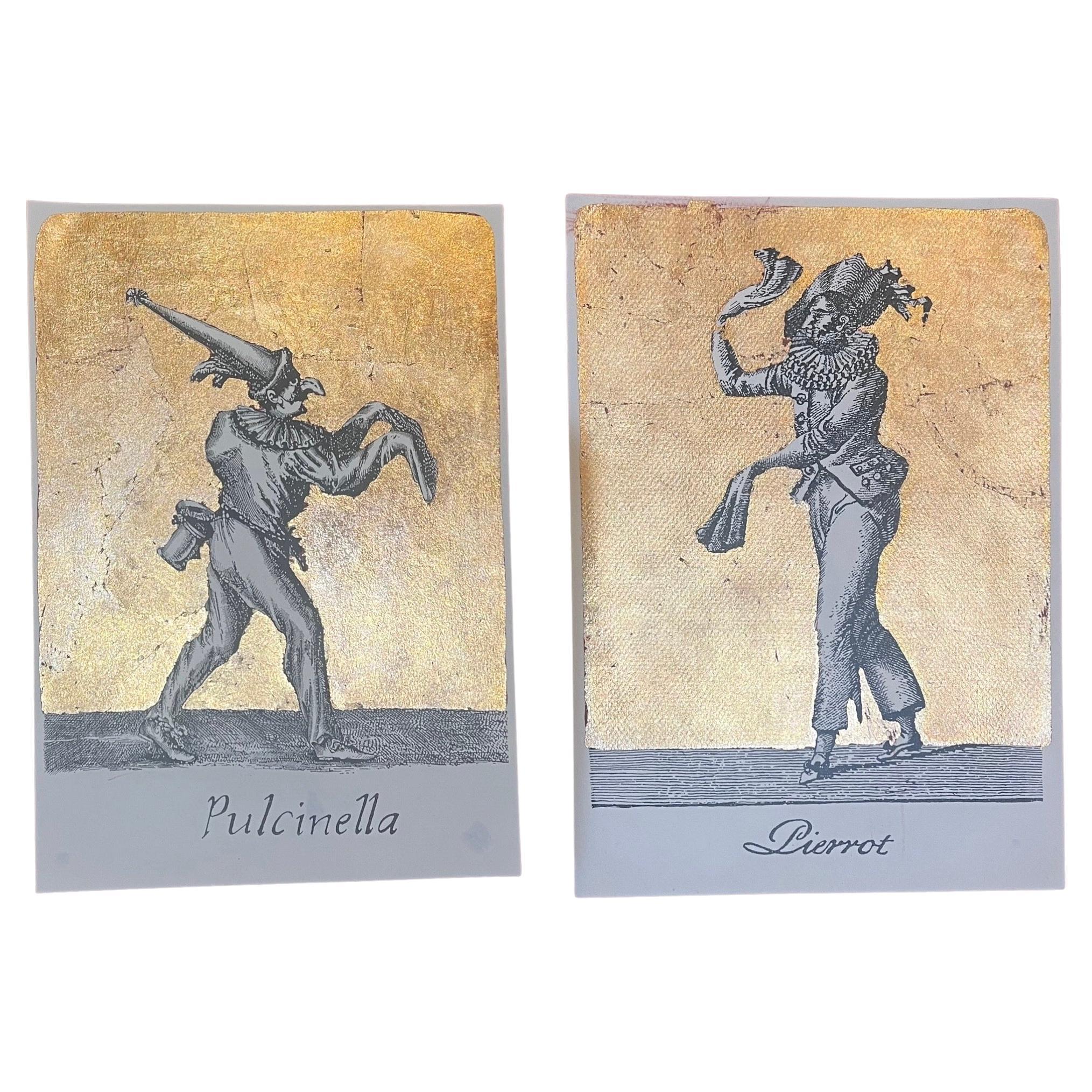 Impressions Pierrot & Pulcinella feuille d'or des années 1970 non encadrées en vente