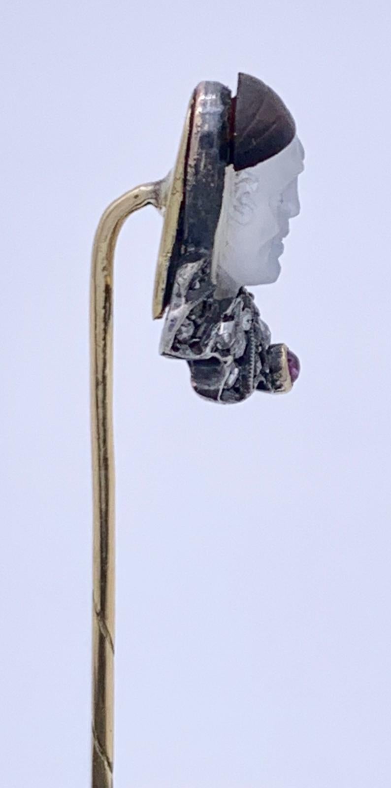 Women's or Men's Pierrot Ruby Diamond Moonstone Gold Tie Stick Pin