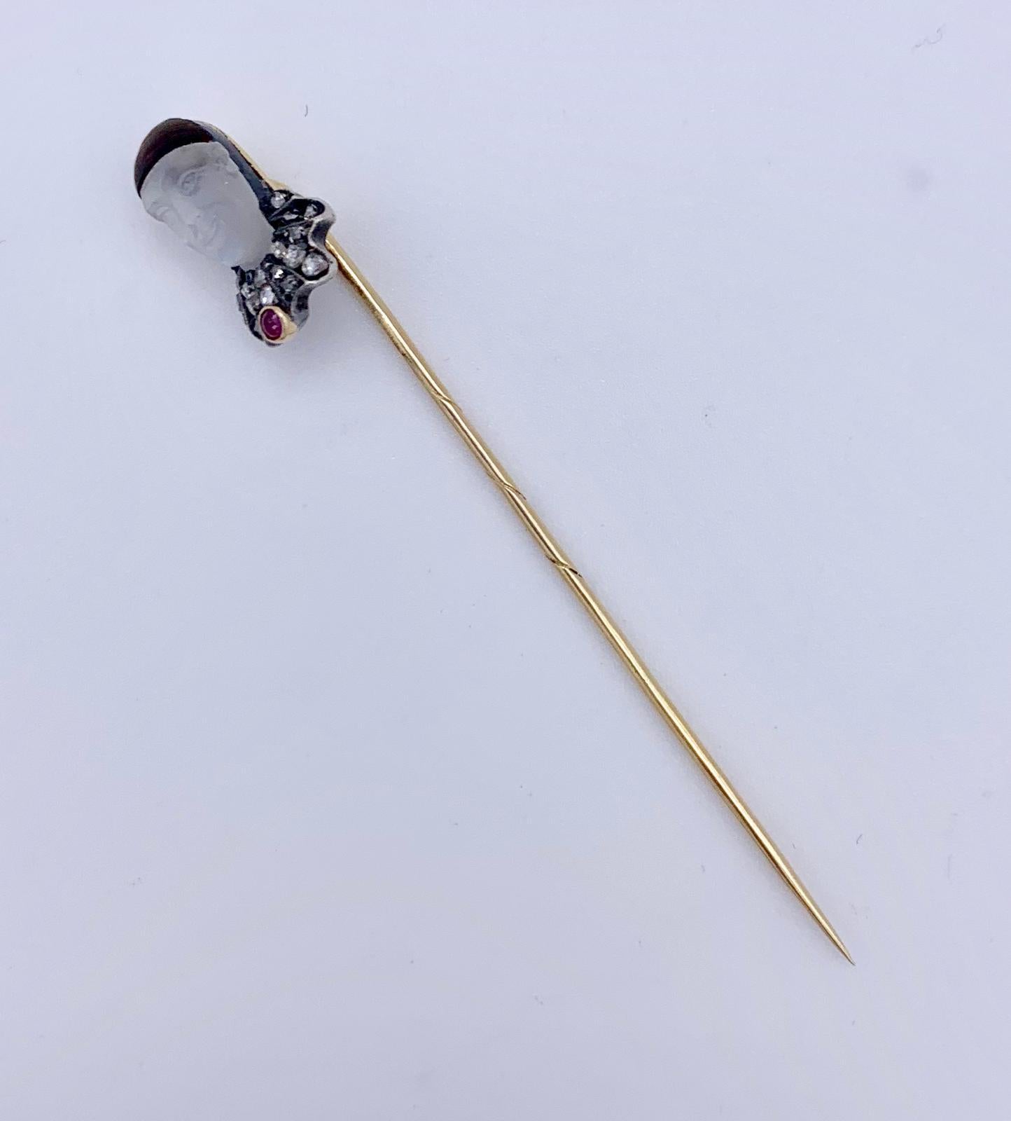 Pierrot Ruby Diamond Moonstone Gold Tie Stick Pin 1