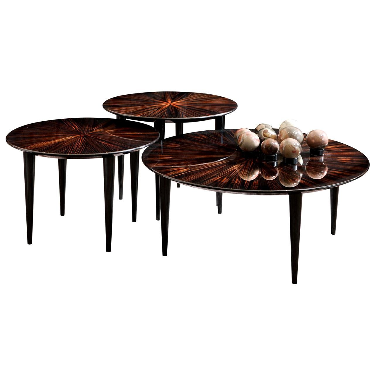 Ce trio de tables basses, qui fait partie de la série Pierrot, est le fruit d'un artisanat exquis et de l'utilisation de l'ébène de Macassar. Le design de chaque pièce, inspiré par le flair romantique du célèbre masque français dont il s'inspire,