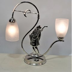 Pierrot Singing to Crescent Moon French Art Deco Table Lamp by Noverdy