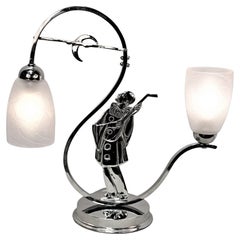 Pierrot Singing to Crescent Moon French Art Deco Table Lamp by Noverdy