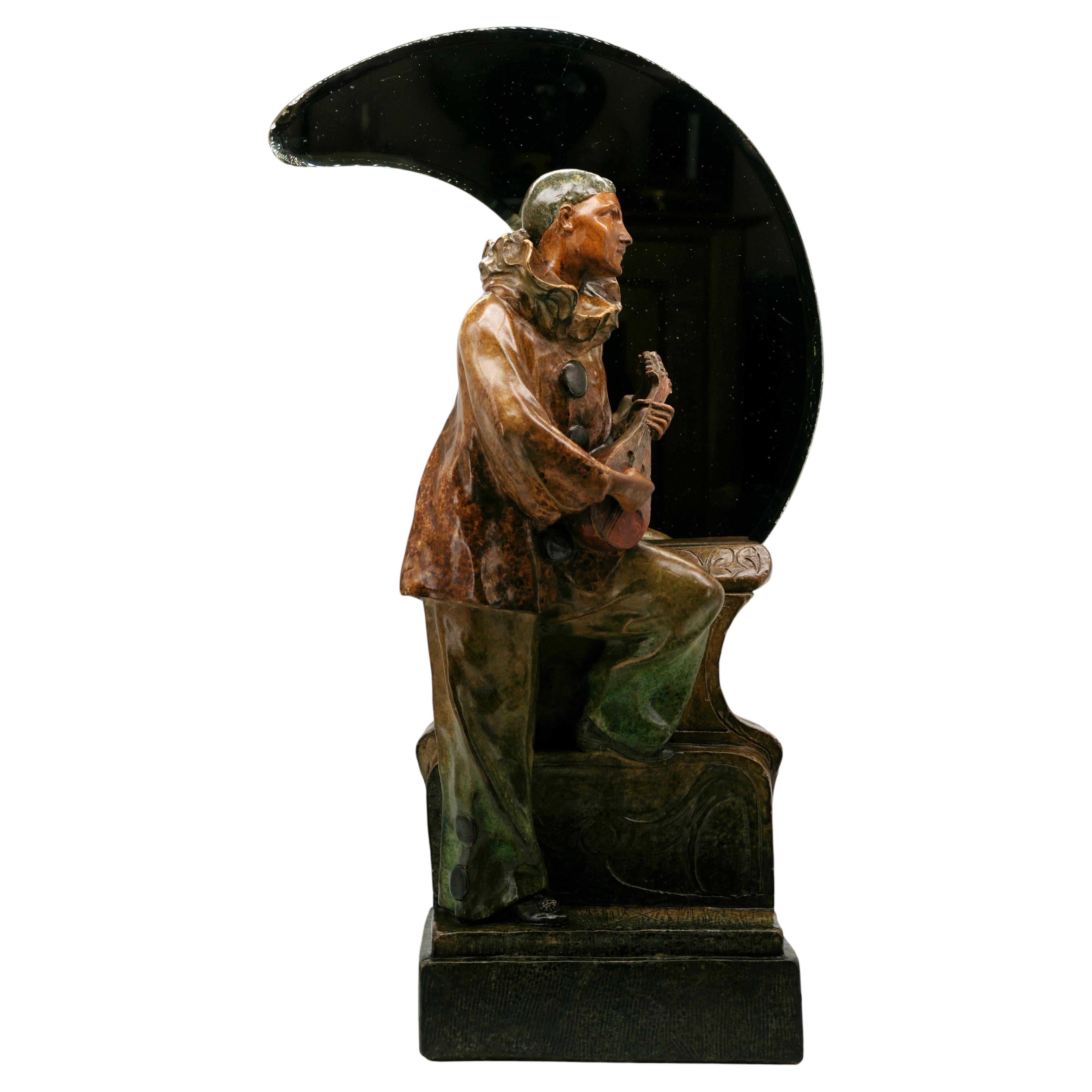 Pierrot Under the Moon Sculpture, Polychrome Plaster, France, ca. 1900