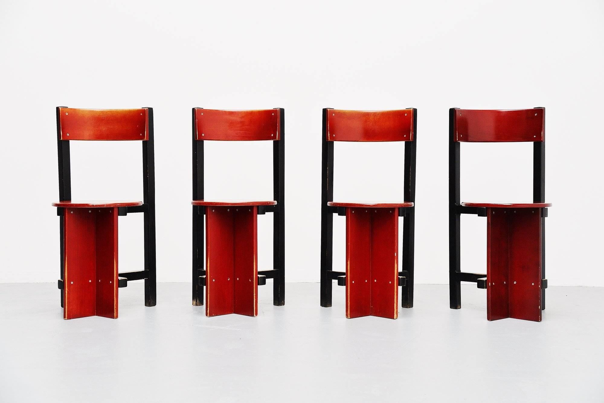 Here for a rare set of four Bastille chairs designed by Piet Blom for Twente Institute of technology, 1964. Piet Blom is better known by his cubic houses in Rotterdam and Helmond, designed in the 1980s. This example of the Bastille chair comes