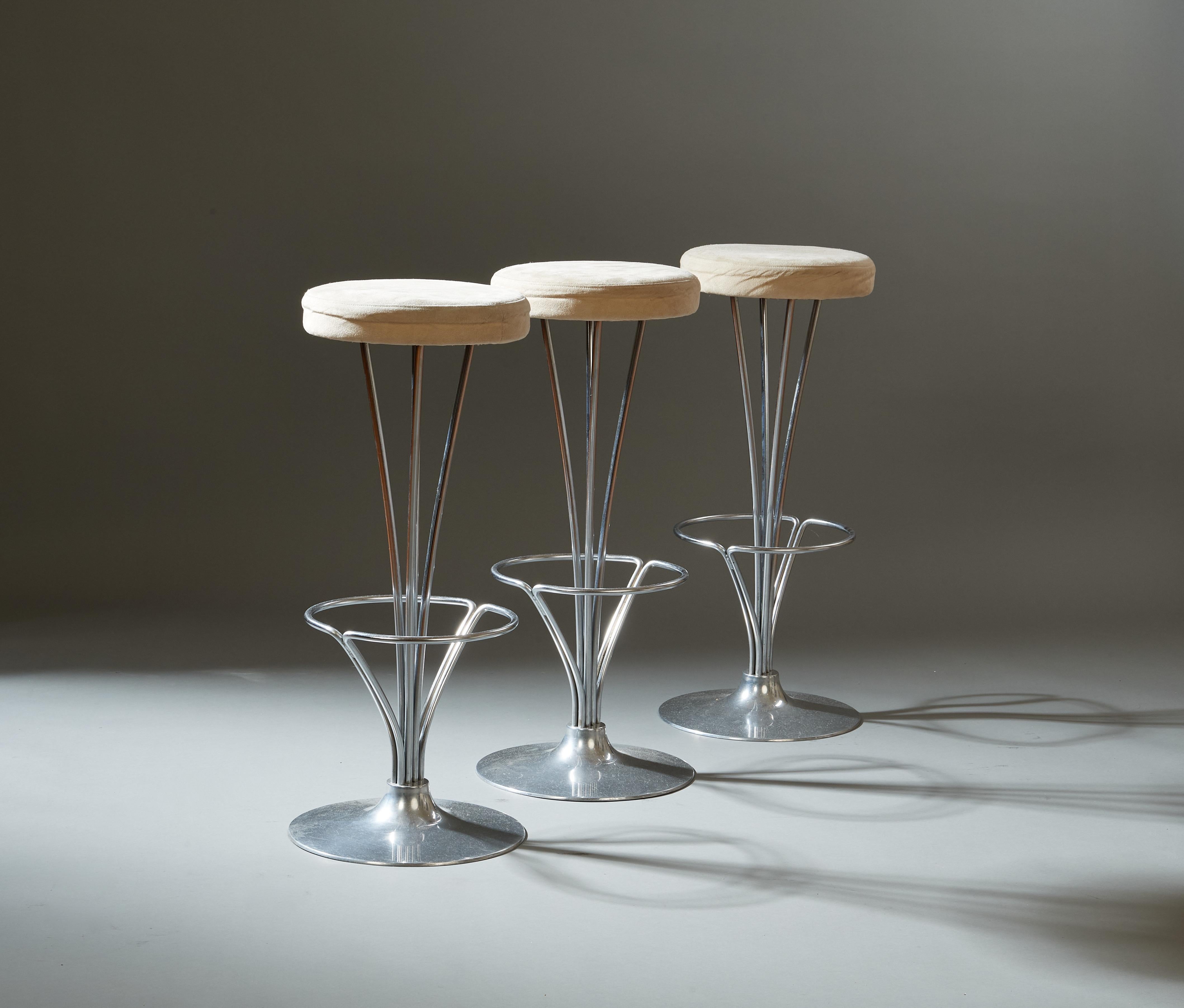 Piet Hein: Three Scandinavian Modern Bar Stools in Steel and Suede, Denmark 1961 In Good Condition In New York, NY