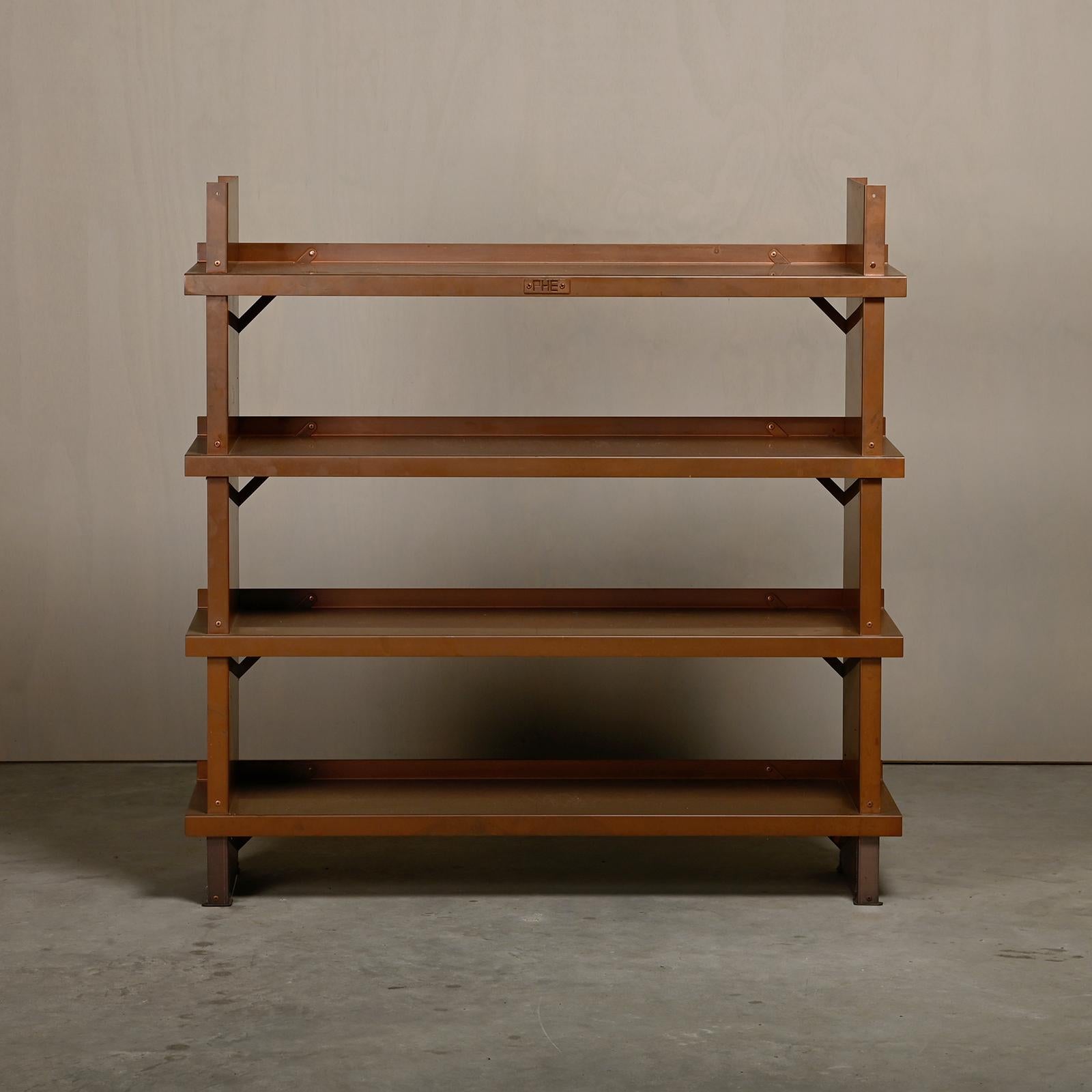 Sheet steel bookcase (Model 1408) made of solid copper designed and manufactured by Piet Hein Eek in 2009. This bookcase was part of a furniture series made of sheet steel and is typical of his work as a Dutch Designer with a focus on simple