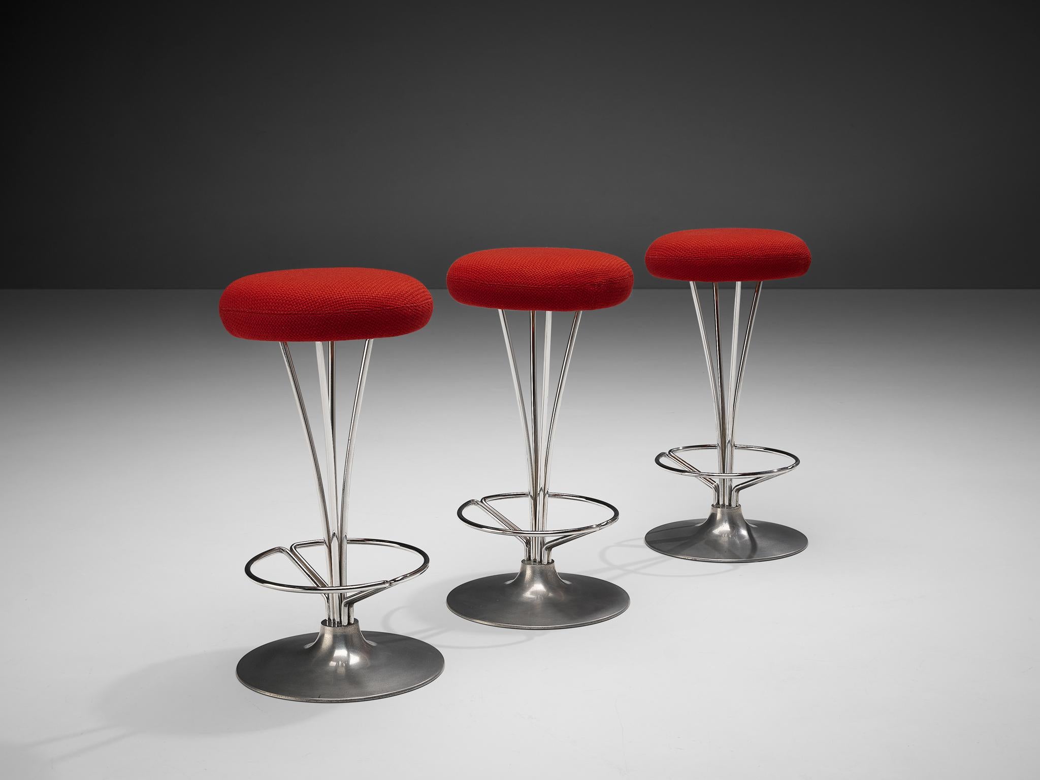 Late 20th Century Piet Hein for Fritz Hansen Set of Three Metal Bar Stools with Red Seats For Sale